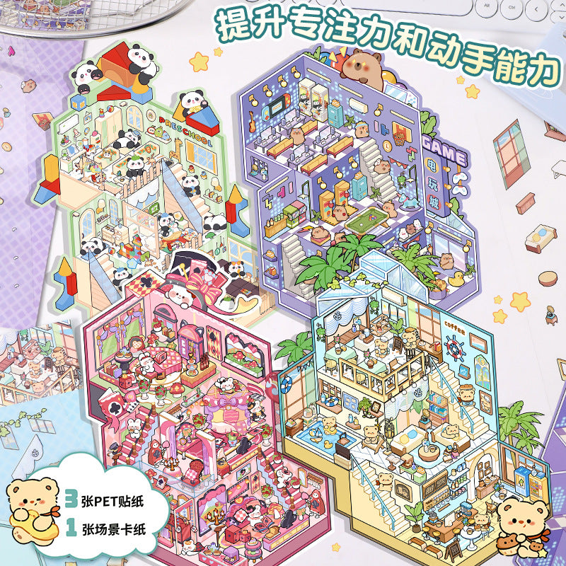 Cartoon Three-Layer Large Size Scenery Stickers Creative 3D Miniature Scene Collage Cute Stress Relief DIY Stickers