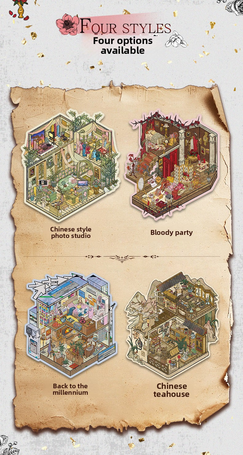 Scenery Stickers Retro Scene 90.0 3D Miniature House Miniature Scene Collage Journal Stickers