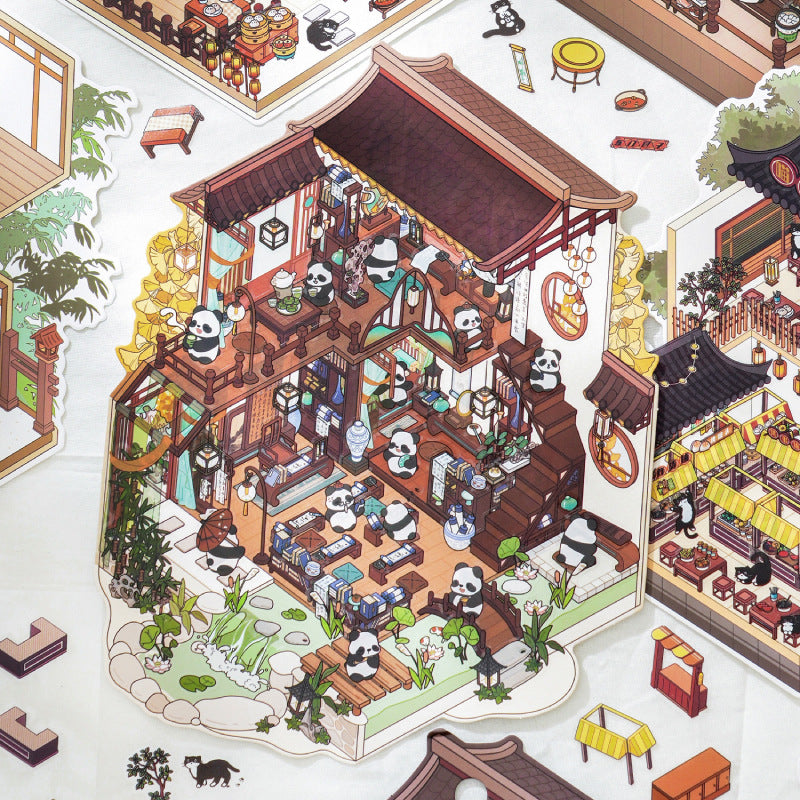 Fun Chinese Style 3 Miniature Two-story Landscape Stickers Visual 3D Stacked House