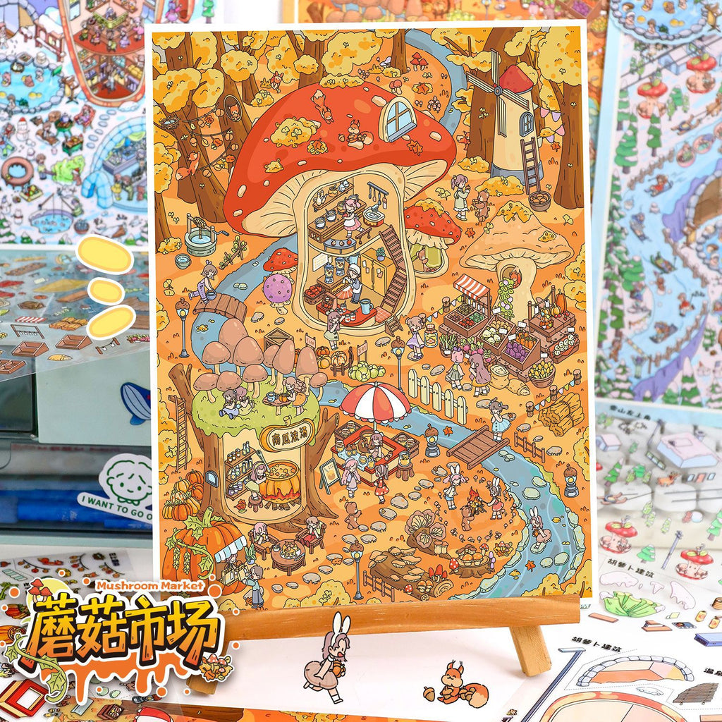 Autumn Winter Small Town Series Special Oil Stickers 104.0 Scenery Stickers Cute Miniature Scene Stickers Journal DIY