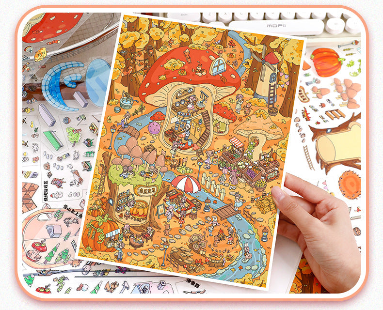 Autumn Winter Small Town Series Special Oil Stickers 104.0 Scenery Stickers Cute Miniature Scene Stickers Journal DIY