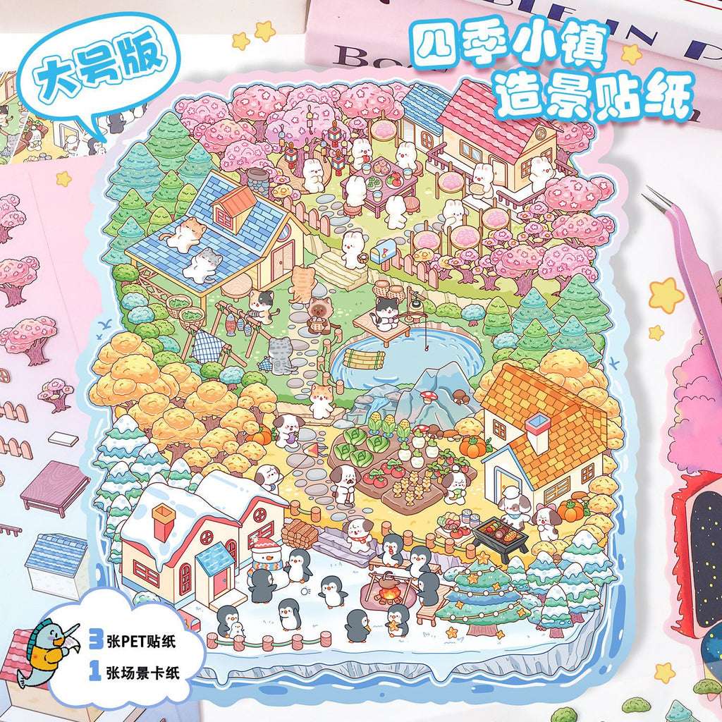 Four Seasons Town Extra Large Scenery Stickers 25.0 Creative 3D Stereo Scene Stickers Cute Miniature Scene Collage