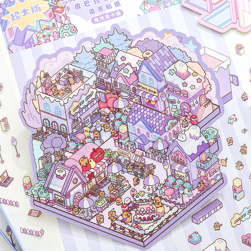 Miniature Scenery Stickers Kapibara Series 3D DIY Stacked House Journal Stickers