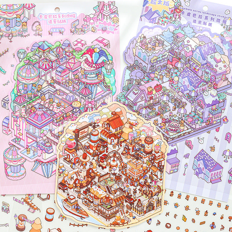 Miniature Scenery Stickers Kapibara Series 3D DIY Stacked House Journal Stickers