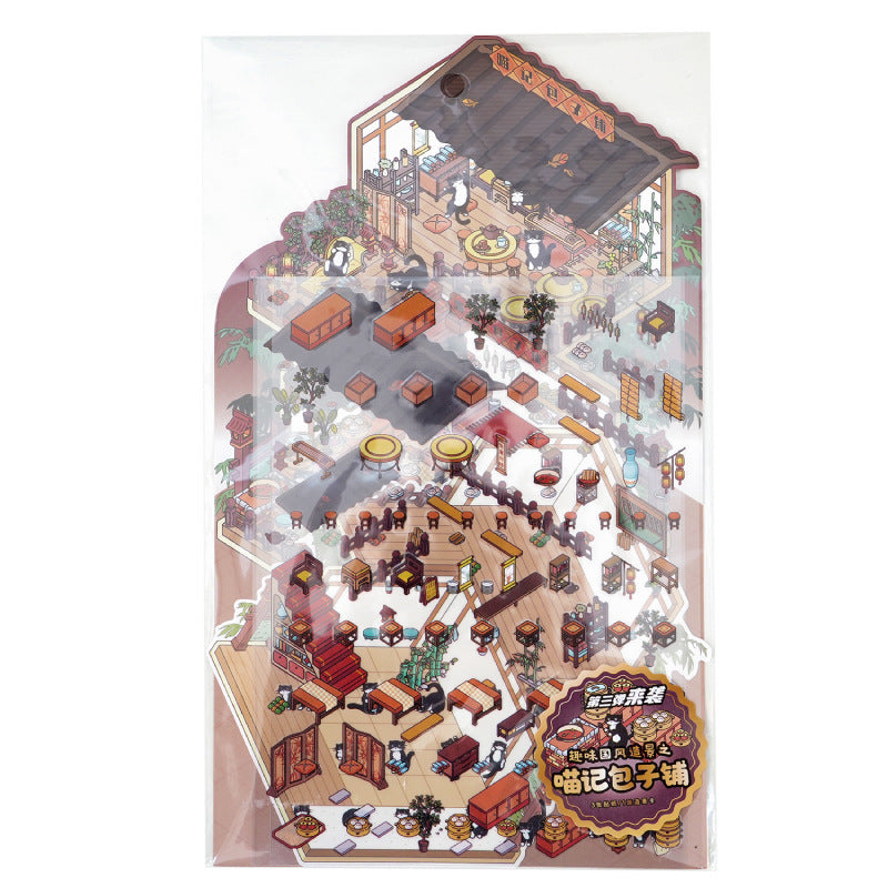Fun Chinese Style 3 Miniature Two-story Landscape Stickers Visual 3D Stacked House