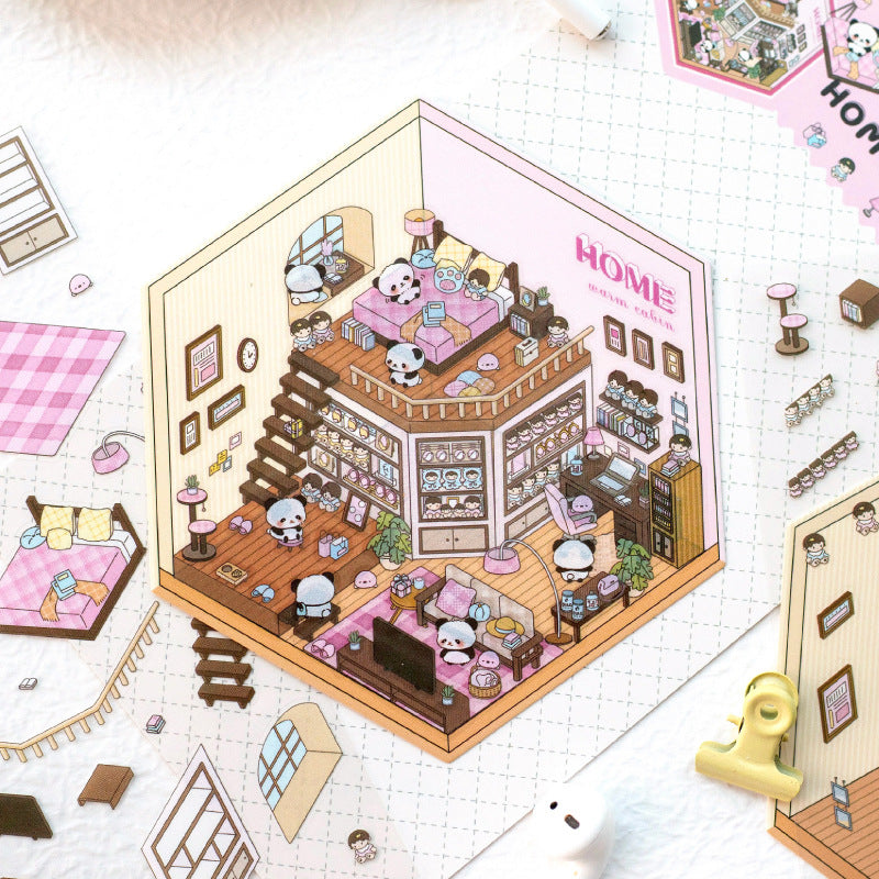 Panda 3D House Miniature Cute Scenery Collage Paper Stickers