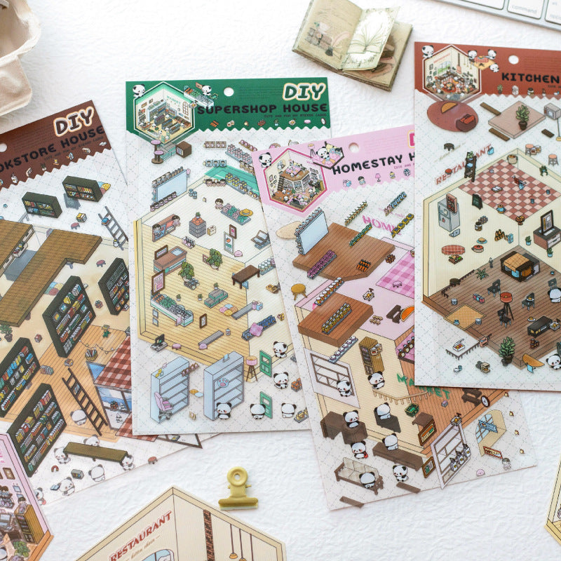 Panda 3D House Miniature Cute Scenery Collage Paper Stickers