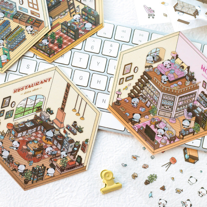 Panda 3D House Miniature Cute Scenery Collage Paper Stickers