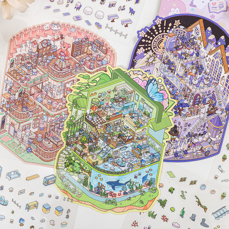 Zoo Small Class Day and Night Fairy Tale Miniature Scene Stickers 3D House Journal Quiet Book