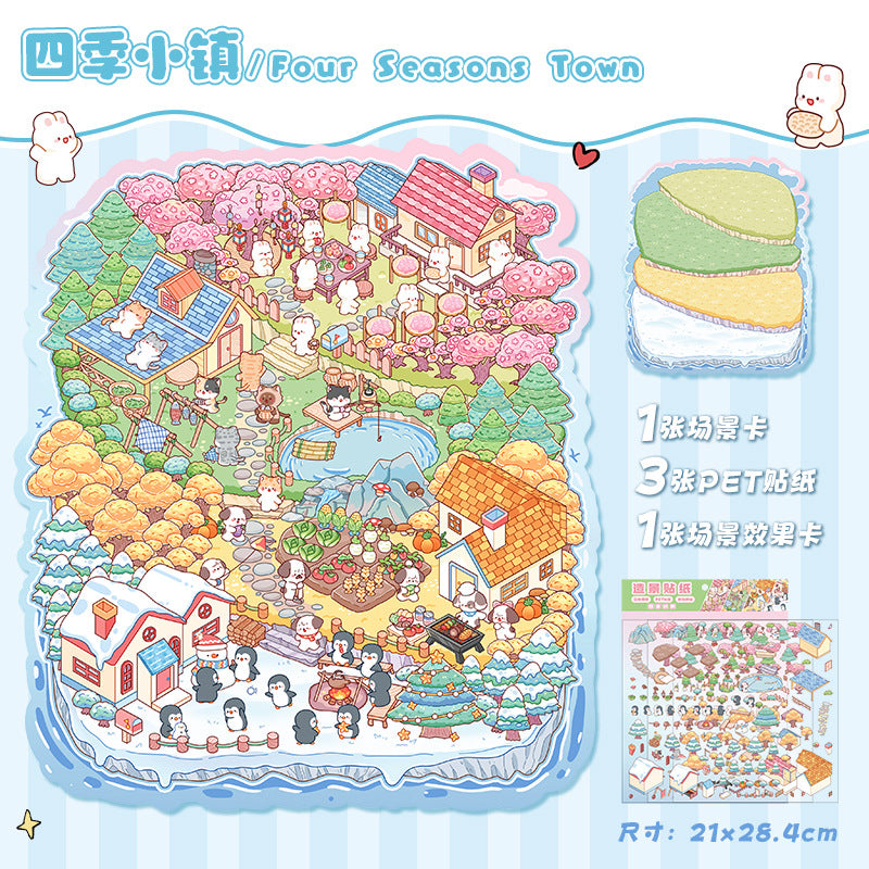 Four Seasons Town Extra Large Scenery Stickers 25.0 Creative 3D Stereo Scene Stickers Cute Miniature Scene Collage