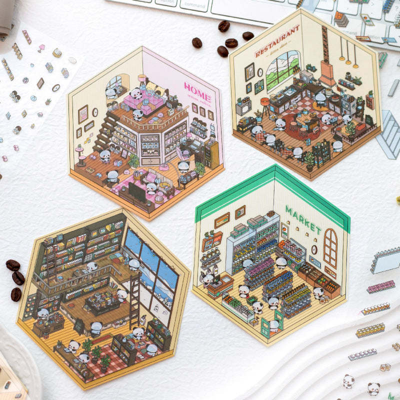 Panda 3D House Miniature Cute Scenery Collage Paper Stickers