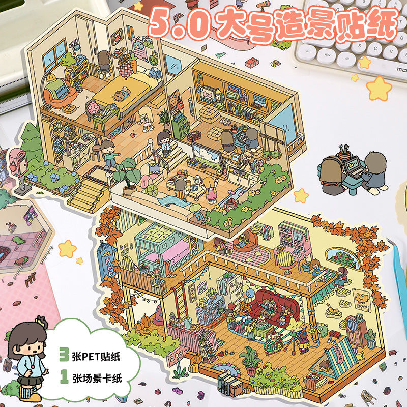 Large 5.0 Miniature Scene Stickers Cartoon Stacking Scenery 3D Stereo Scenery Collage DIY Stress Relief