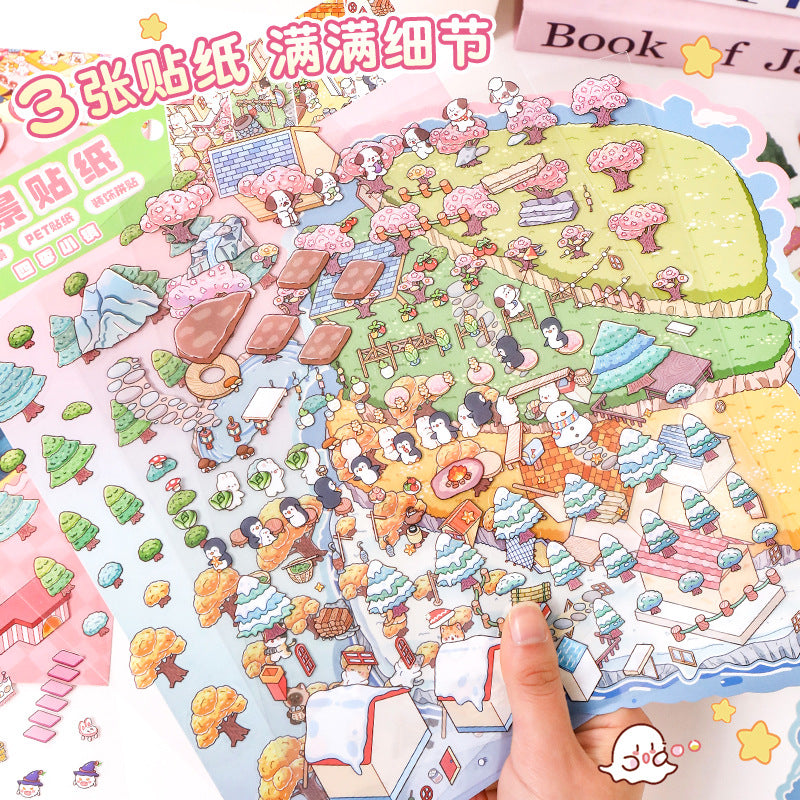 Four Seasons Town Extra Large Scenery Stickers 25.0 Creative 3D Stereo Scene Stickers Cute Miniature Scene Collage