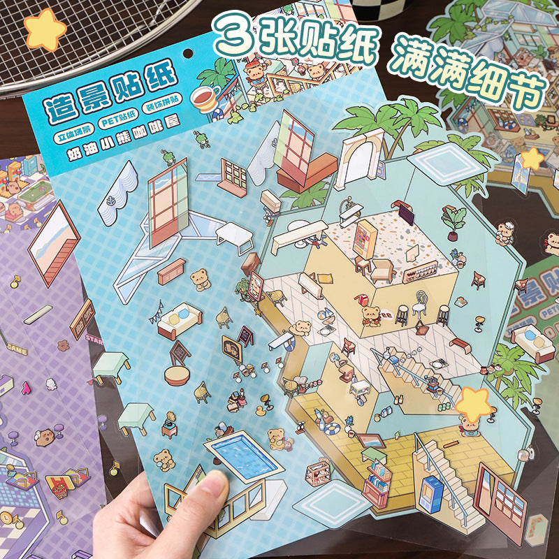 Cartoon Three-Layer Large Size Scenery Stickers Creative 3D Miniature Scene Collage Cute Stress Relief DIY Stickers
