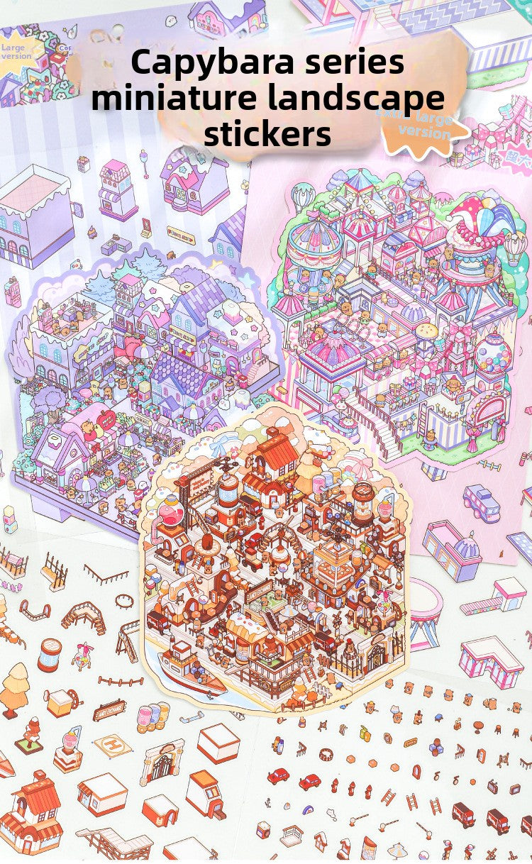 Miniature Scenery Stickers Kapibara Series 3D DIY Stacked House Journal Stickers
