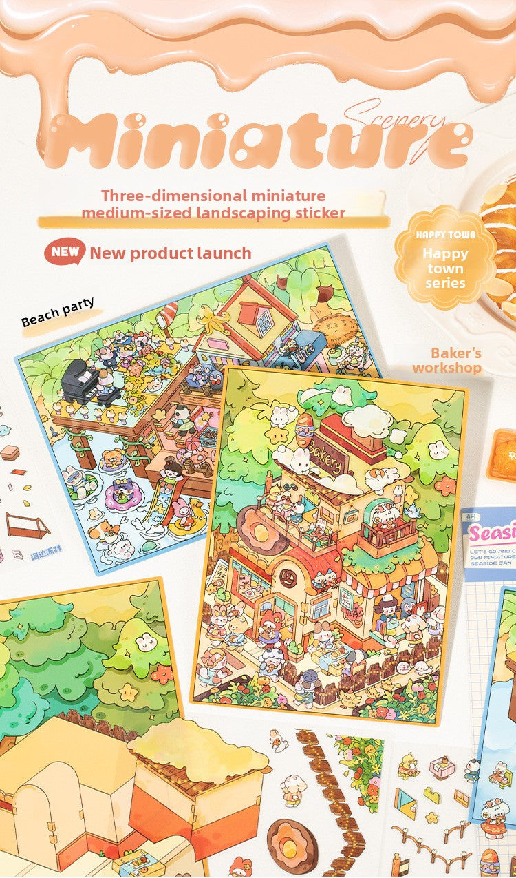 Happy Town Miniature Landscape Stickers 3D Stacking House Journal Fun Stickers