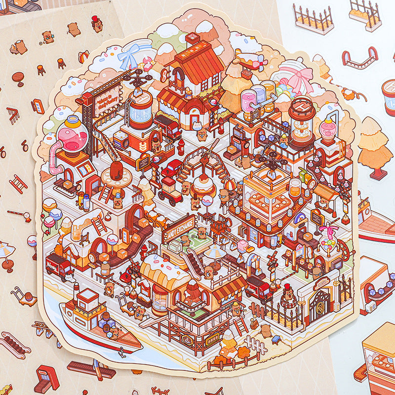 Miniature Scenery Stickers Kapibara Series 3D DIY Stacked House Journal Stickers